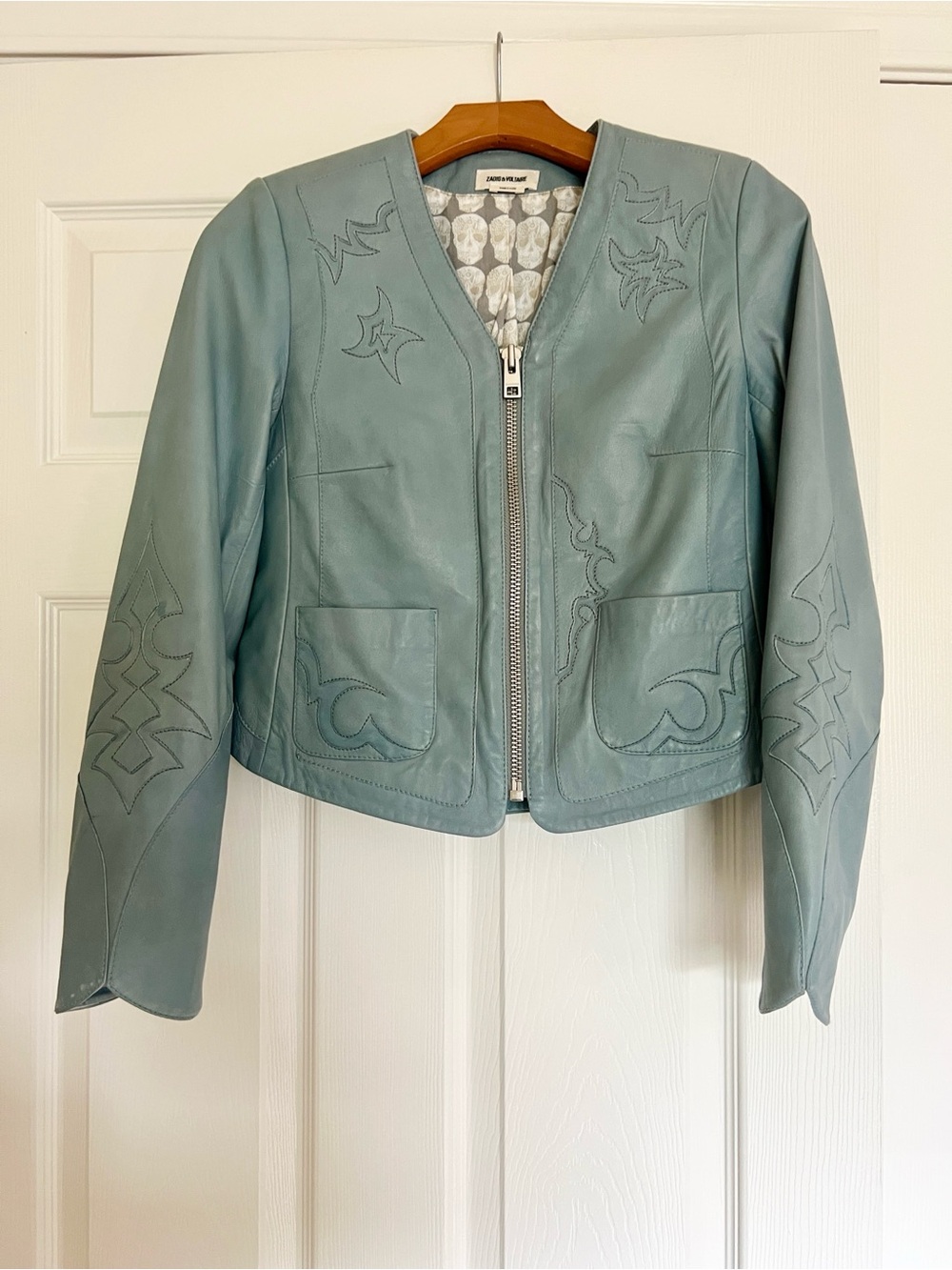 Zadig & Voltaire Light Blue Leather Zip Front Jacket XS